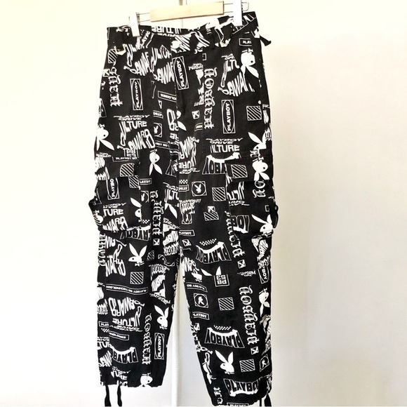 PLAYBOY Pants - PLAYBOY Y2K Logo Cargo Pockets Black & White High Rise Wide Leg Pants Trousers.